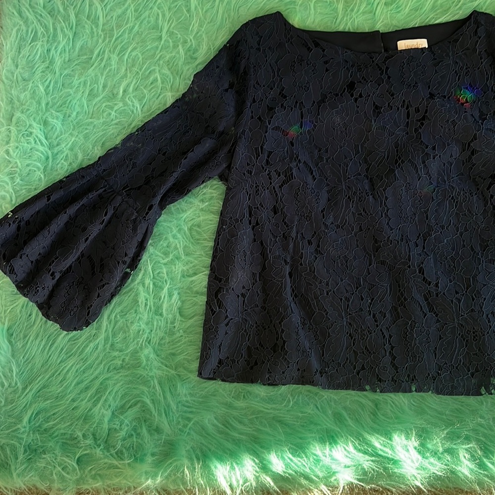 Navy blue lace blouse with bell sleeves